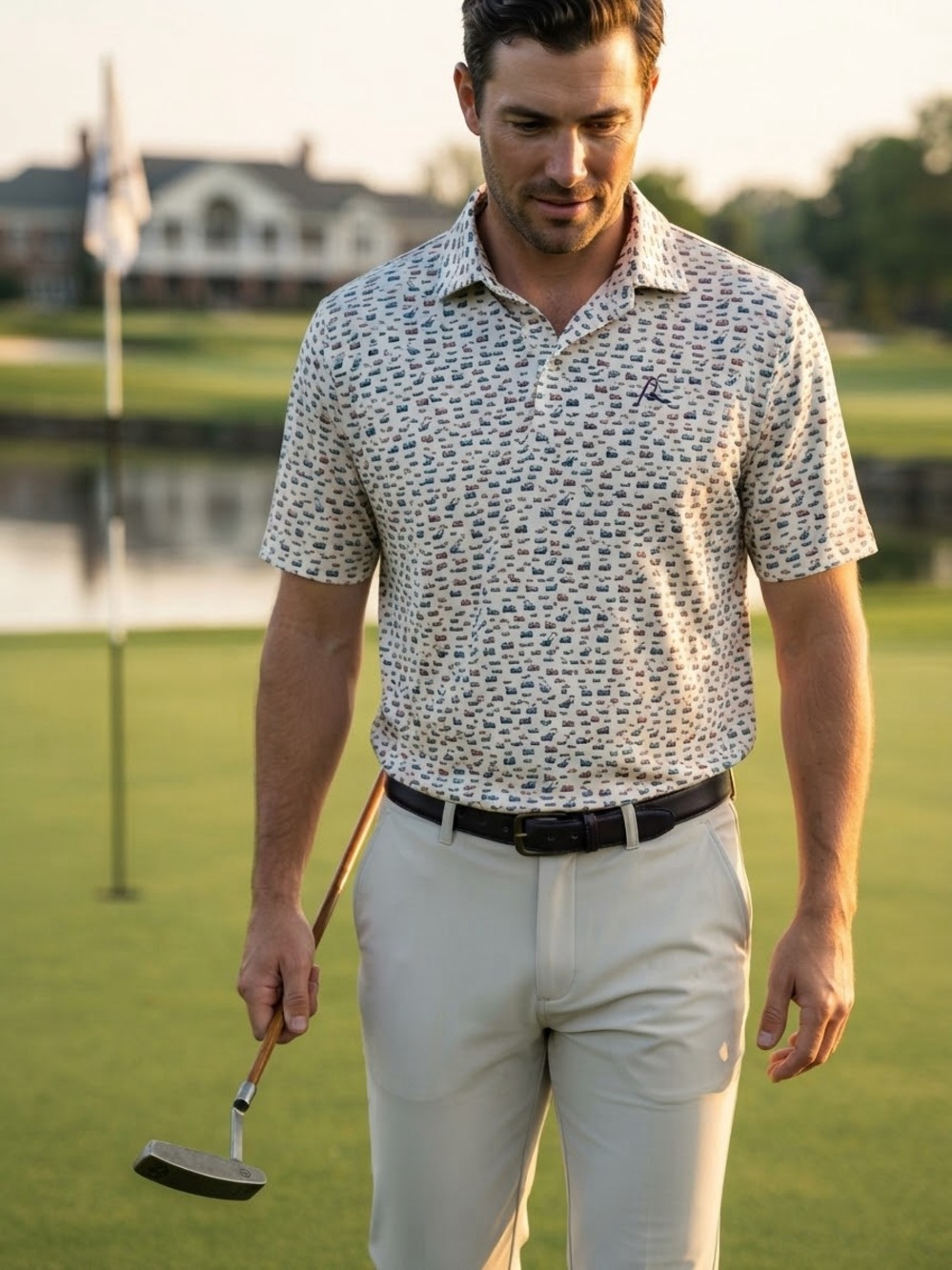 Rhoback Men's Printed Short-Sleeve Polo Shirt with Lawnmowers and Grass XL